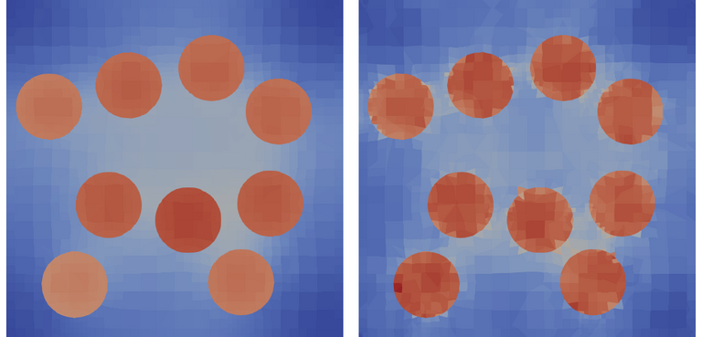 Two images with nine red circles on a blue background, higher resolution on the left and lower resolution on the right. This shows the water distribution in a hollow fiber humidifier, calculated on the left using CFD and on the right using a neural network.