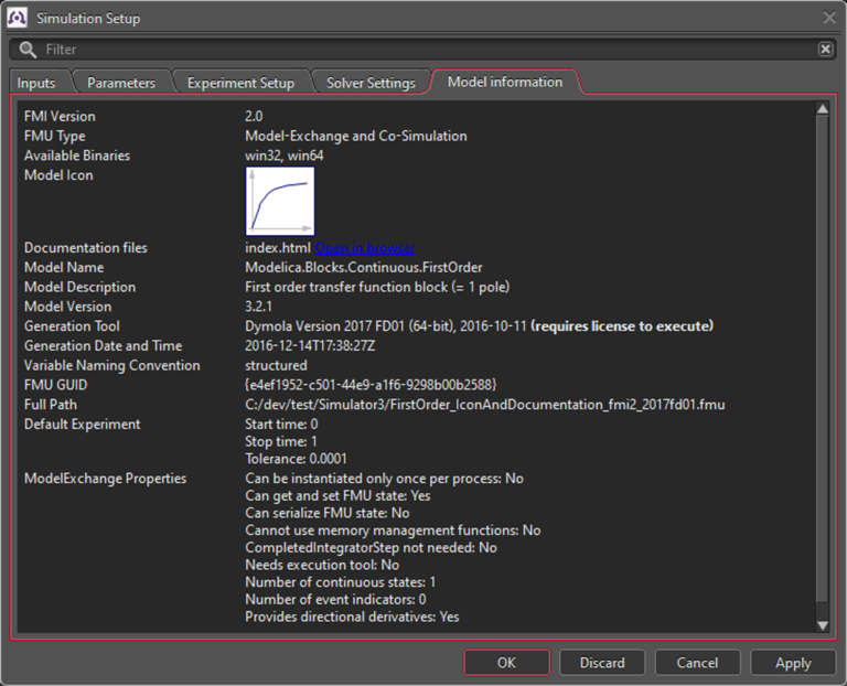 Model Information Dialog Screenshot of 'Model Information' tab in TLK-Simulator for Excel with FMU details like FMI-Version and available Binaries.