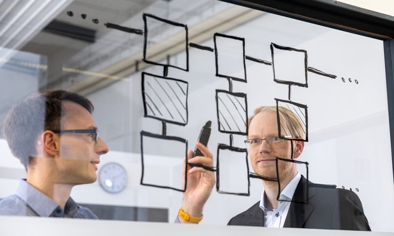 Two employees discuss multiphysics modeling Two employees discuss multiphysics modeling using a diagram