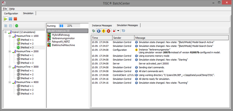 TISC Batch Center Übersicht TISC Batch Center zeigt parametrisierte Modelle, Simulations-Logs und Instanzenübersicht.