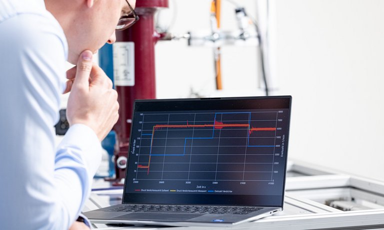 Photo of a colleague standing at a test facility and looking at measurement curves on a laptop.