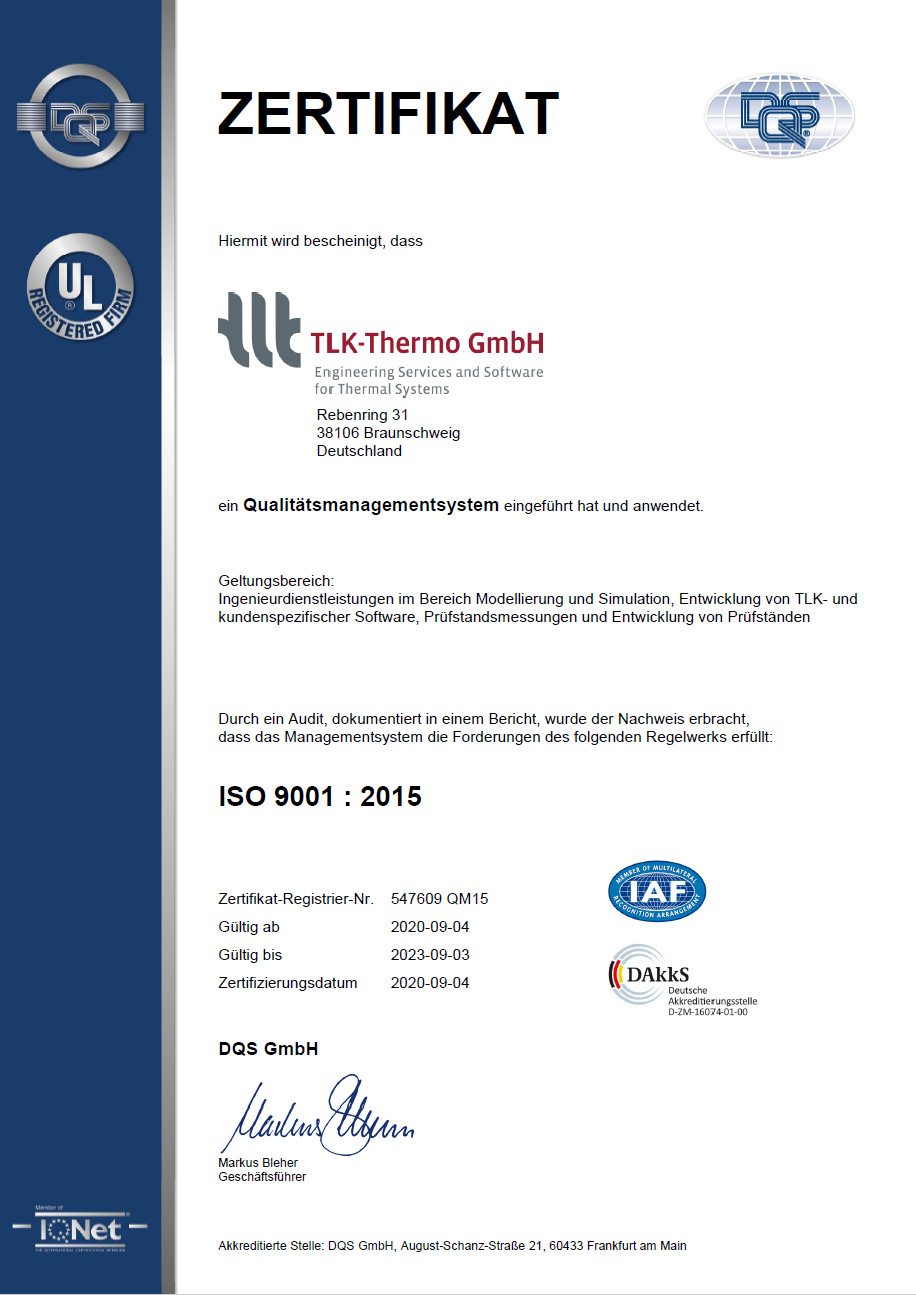 ISO 9001:2015 Zertifikat für TLK-Thermo